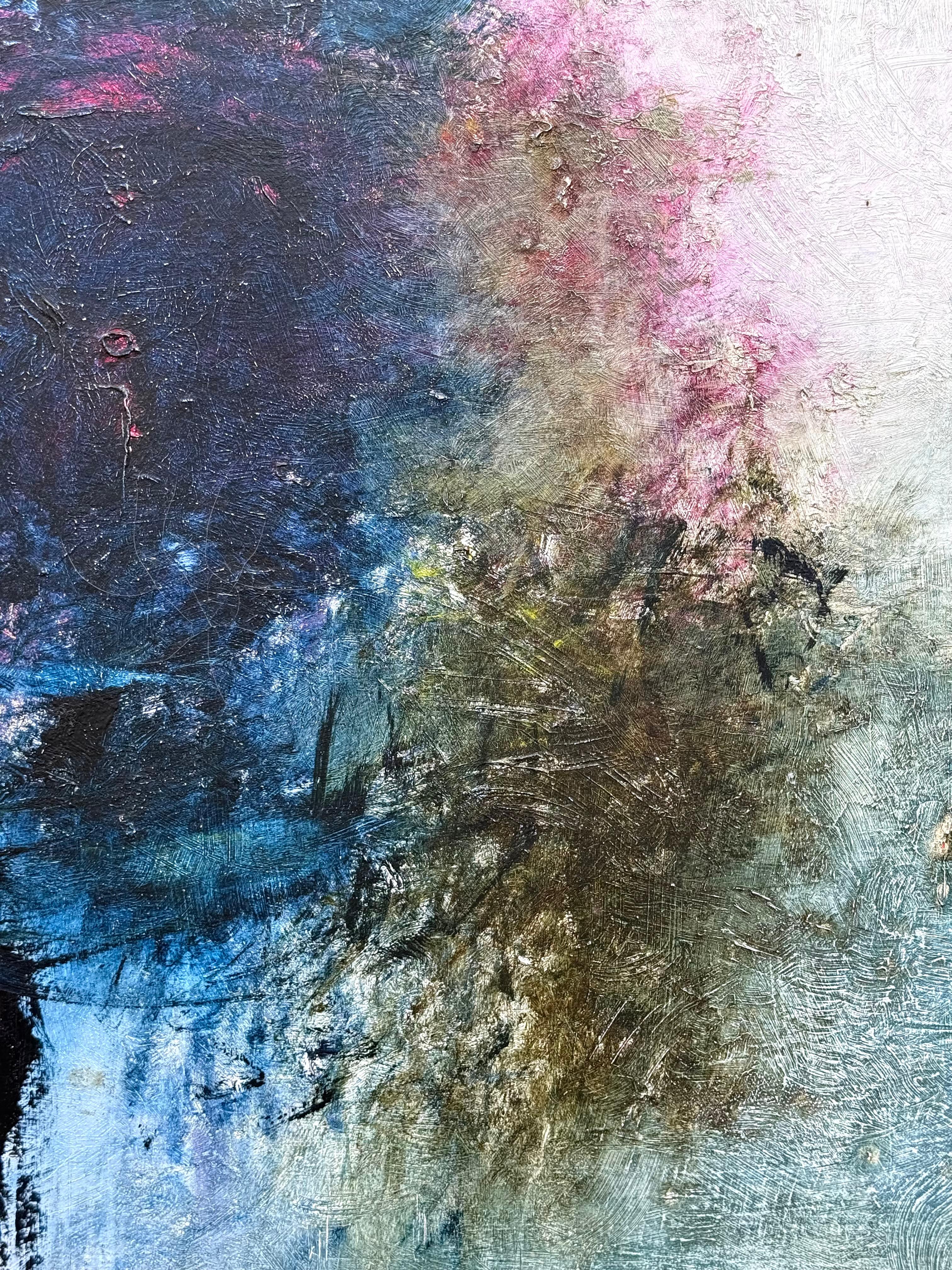 “Magenta Blue” - Gray Abstract Painting by Anne Raymond