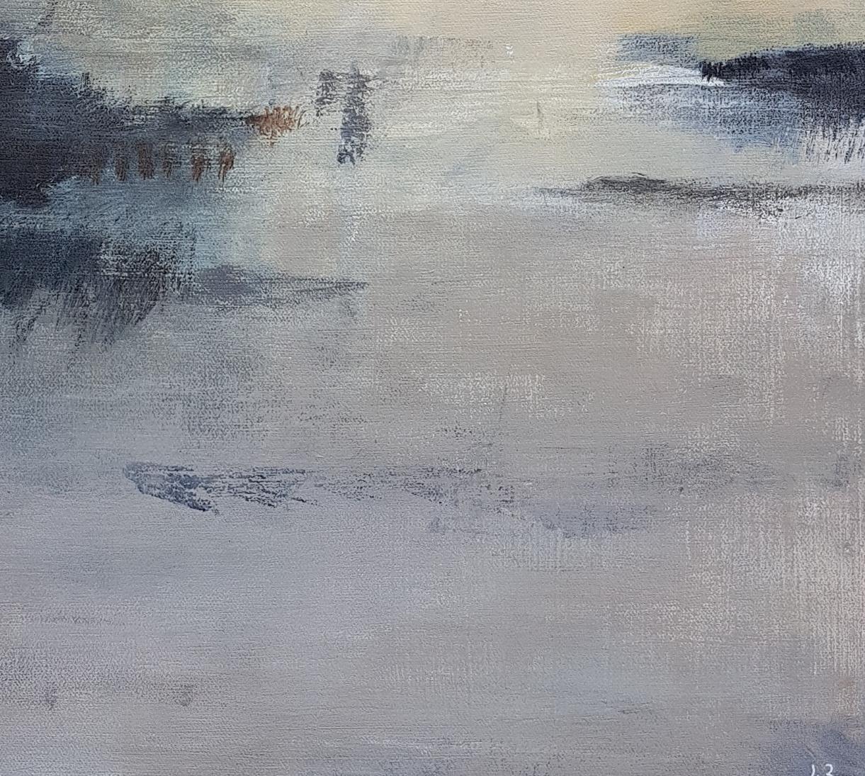 „“Mist“, Abstraktes Landschaftsgemälde aus Acryl in Hellgelb, Marineblau, Nuancen im Angebot 1