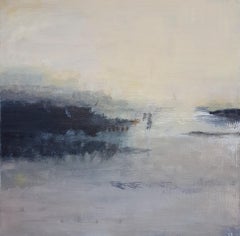 " Mist ", peinture acrylique paysage abstrait jaune clair nuancé bleu marine.