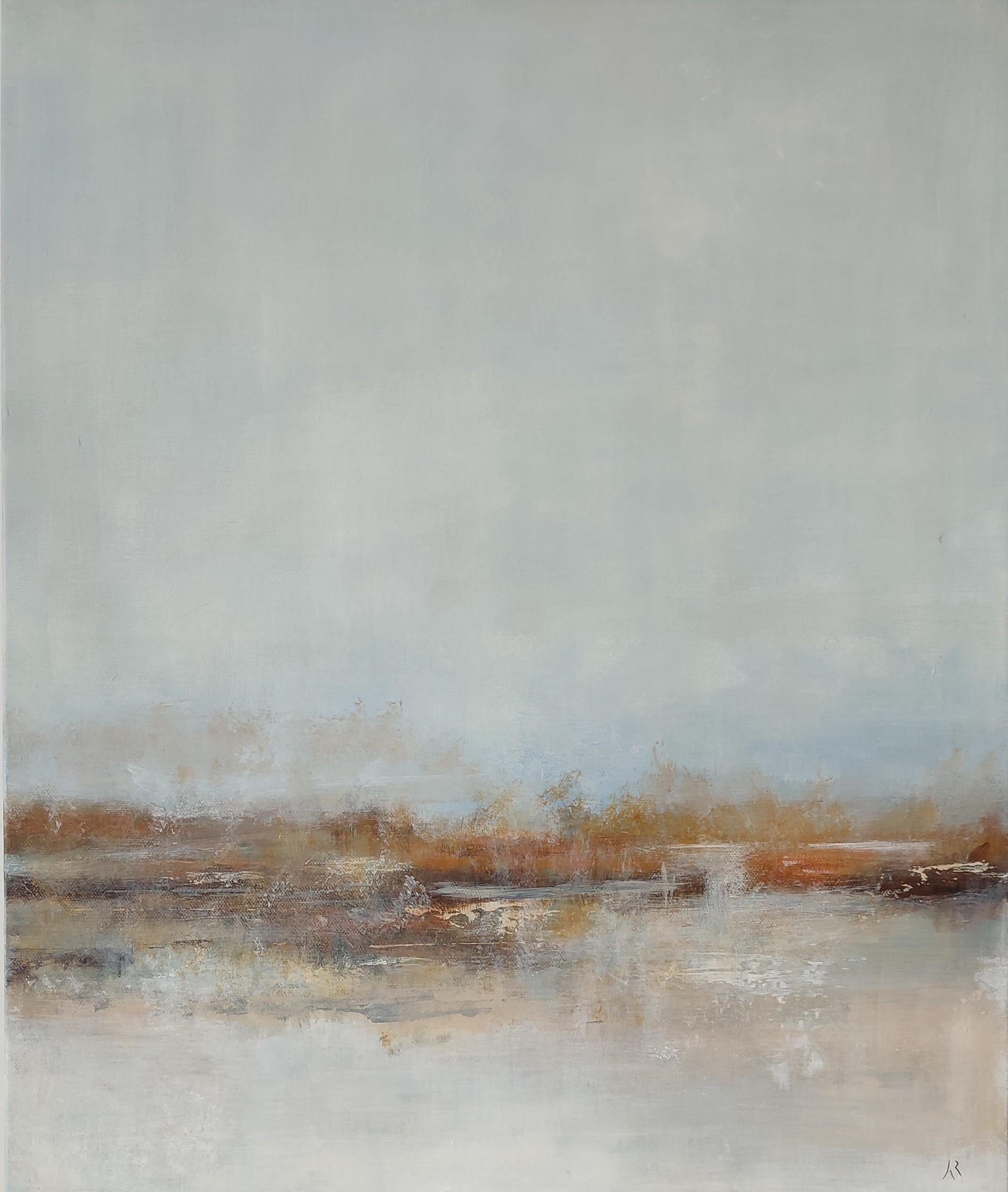 Anne Revol Abstract Painting - "The Dawn", Rust Earth in Early Morning's Pale Gray Abstract Landscape Painting