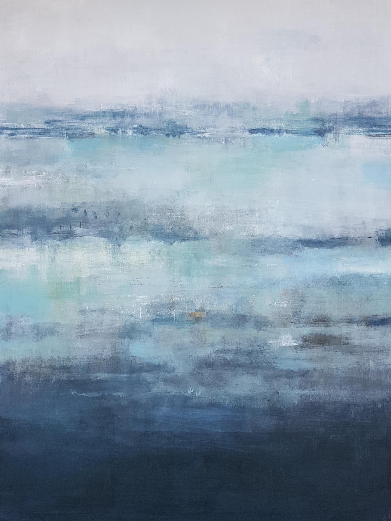 ""Trip", Abstraktes Landschaftsgemälde aus Acryl, mehrfarbig, blauer Himmel, weiße Wolken – Painting von Anne Revol