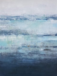 ""Trip", Abstraktes Landschaftsgemälde aus Acryl, mehrfarbig, blauer Himmel, weiße Wolken