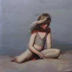 Día de playa I- Pintura al óleo contemporánea del siglo XXI de una joven en la playa