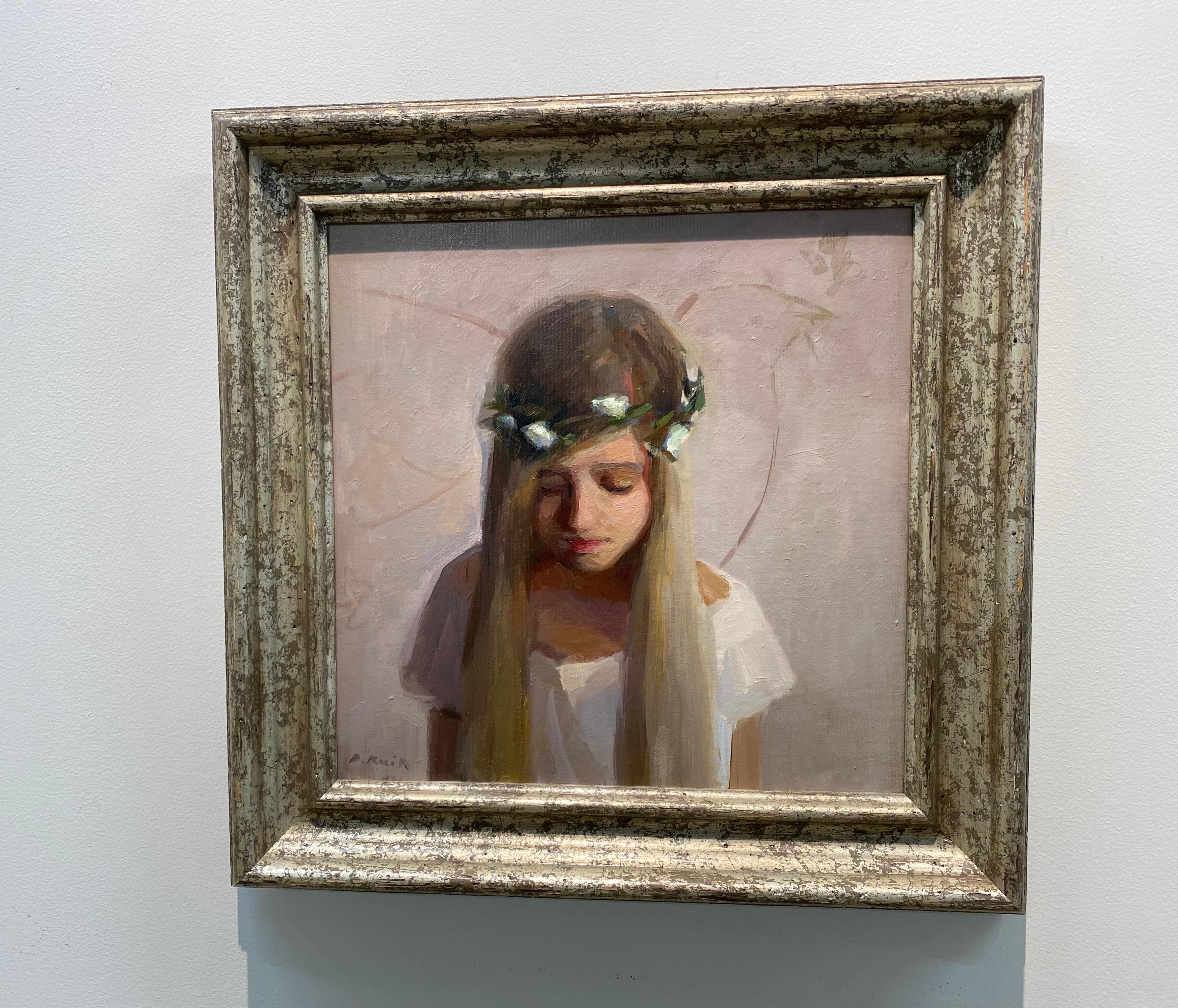 This painting is made by Dutch artist Anne Rixt Kuik. With frame it measures 57 x 54 cm. Her portraits and figure paintings in oils or in layers with epoxy and paint have become a worldwide known succes and novelty. The young artist graduated in