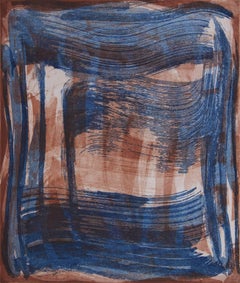 "Broad Strokes 10", gestural abstract aquatint monoprint, layers blue, sanguine.