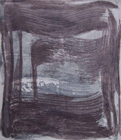 "Broad Strokes 5", gestural abstract aquatint monoprint, layered grey, violet.