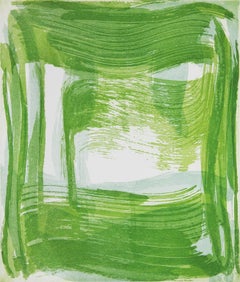 "Broad Strokes Four”, gestural abstract aquatint print, pale blue gray, green.