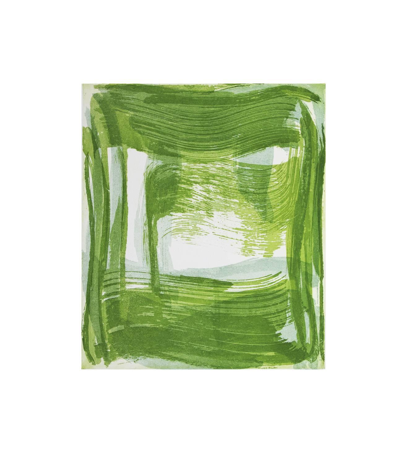 Anne Russinof Abstract Print - "Broad Strokes Four", gestural abstract monoprint, pale gray, spring green.