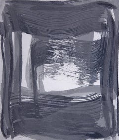 "Broad Strokes Nine", gestural abstract aquatint print, layered in blue, silver.