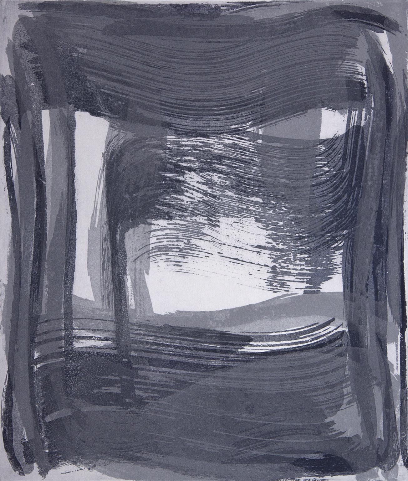 Broad Strokes Nine, gestural abstract aquatint print, ultramarine blue, silver. - Print by Anne Russinof