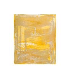 "Broad Strokes Seven", gestural abstract aquatint print, layered silver, yellow.