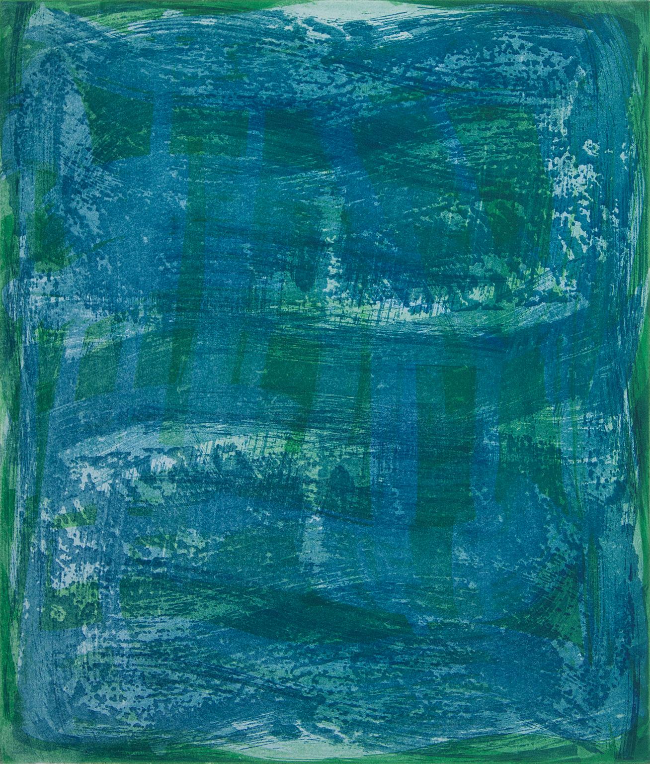 Serpentine 11, gestural abstract aquatint monoprint, turquoise, blue, green. - Print by Anne Russinof