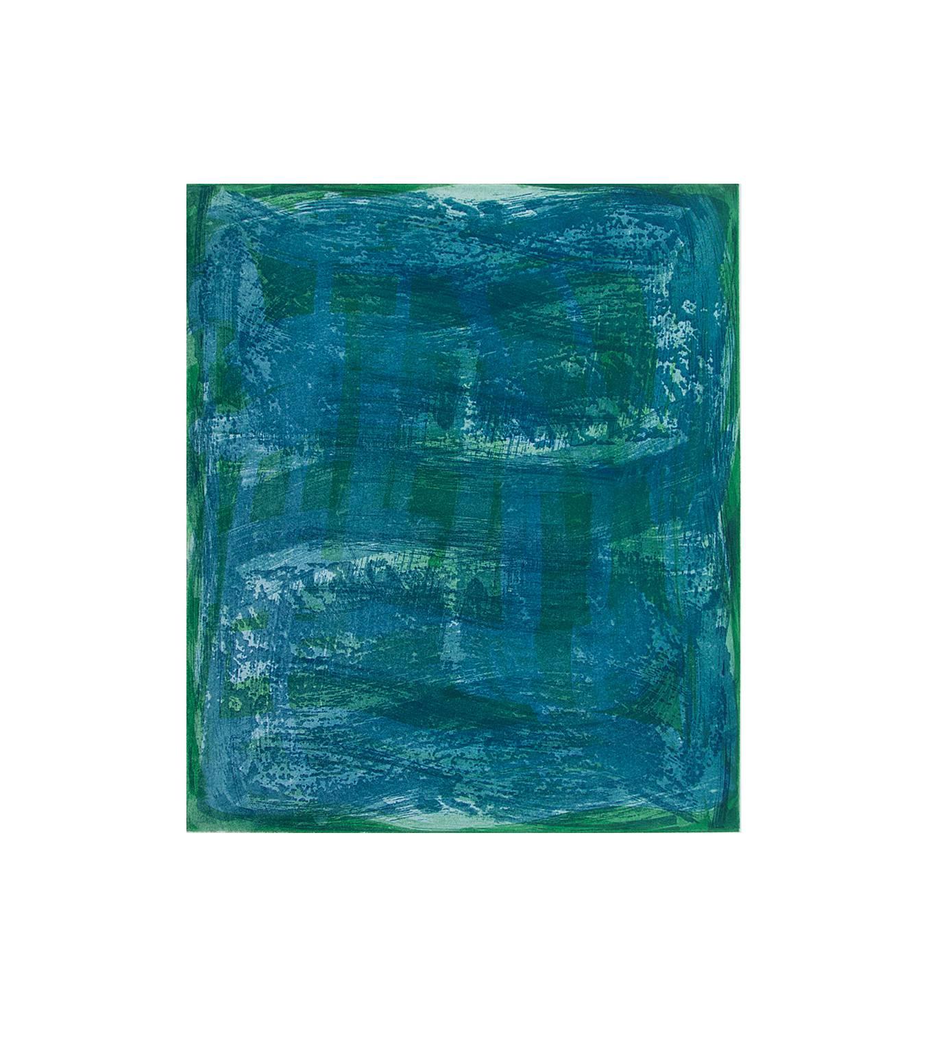 Anne Russinof Abstract Print - Serpentine 11, gestural abstract aquatint monoprint, turquoise, blue, green.