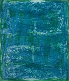 "Serpentine 11", gestural abstract aquatint monotype, green, blue, turquoise.