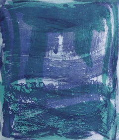 "Serpentine 12", gestural abstract aquatint monoprint, green, violet, turquoise.