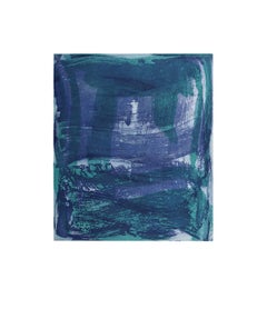 "Serpentine 12", gestural abstract monoprint, layered blue violet, green.