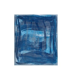 "Serpentine Eight", gestural abstract aquatint print, blue, turquoise, silver.
