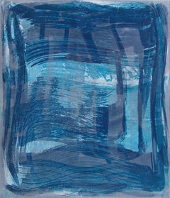 "Serpentine Eight", gestural abstract aquatint print, blue, turquoise, silver.