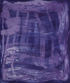 "Serpentine Five", gestural abstract aquatint print, shades of blue and violet.