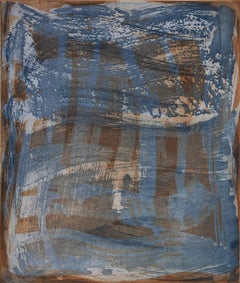 "Serpentine One", gestural abstract aquatint monoprint, sanguine and deep blue.