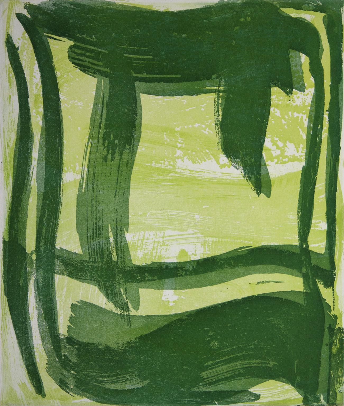Thick and Thin 1, gestural abstract aquatint monoprint, spring and forest green. - Print by Anne Russinof