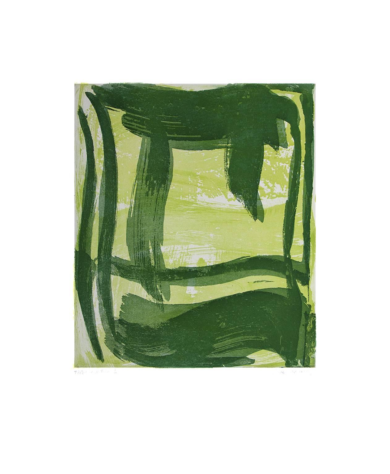 Anne Russinof Abstract Print - Thick and Thin 1, gestural abstract aquatint monoprint, spring and forest green.