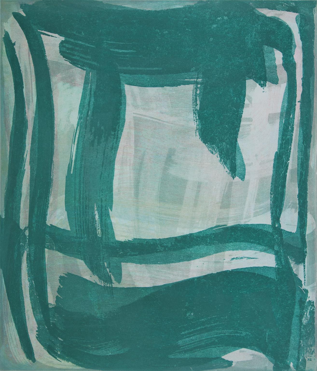 “Thick and Thin 3”, gestural abstract monoprint, layered pink, green, blue. - Print by Anne Russinof