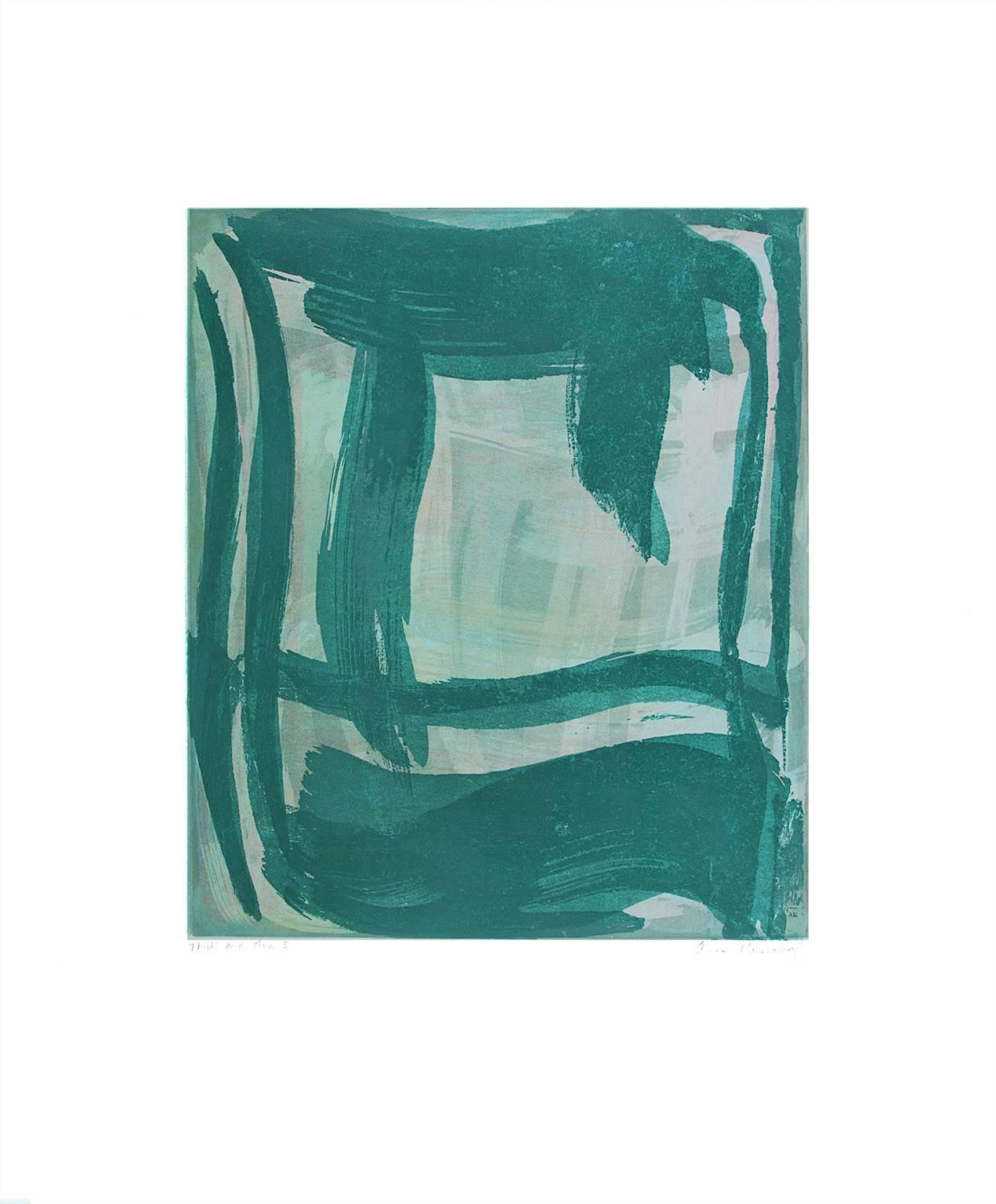 Anne Russinof Abstract Print - “Thick and Thin 3”, gestural abstract monoprint, layered pink, green, blue.