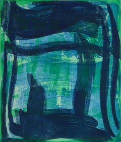 "Thick and Thin Five", gestural abstract aquatint print, shades of blue, green.
