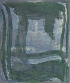 "Thick and Thin Six", gestural abstract aquatint print, violet, silver, green.
