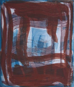 "Thick and Thin Two", gestural abstract aquatint print, deep red, turquoise.