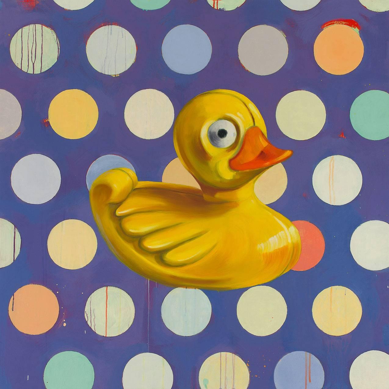Anne Sargent Walker Animal Painting - "Big Yellow Duck", contemporary, duck, dots, yellow, acrylic, oil, painting