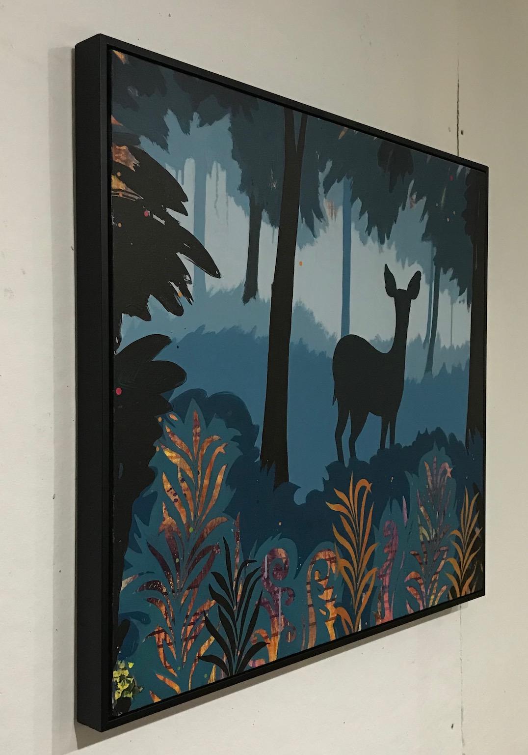 Anne Sargent Walker’s “Blue Deer” is a 32 x 36 inch acrylic painting framed in satin finish black wood. A softly silhouetted doe painted in a range of blues stands amid foliage, ferns and trees, with accents of purple, orange and gold. Gaps in the