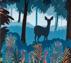 "Blue Deer", Anne Sargent Walker, acrylic painting, orange, purple, gold