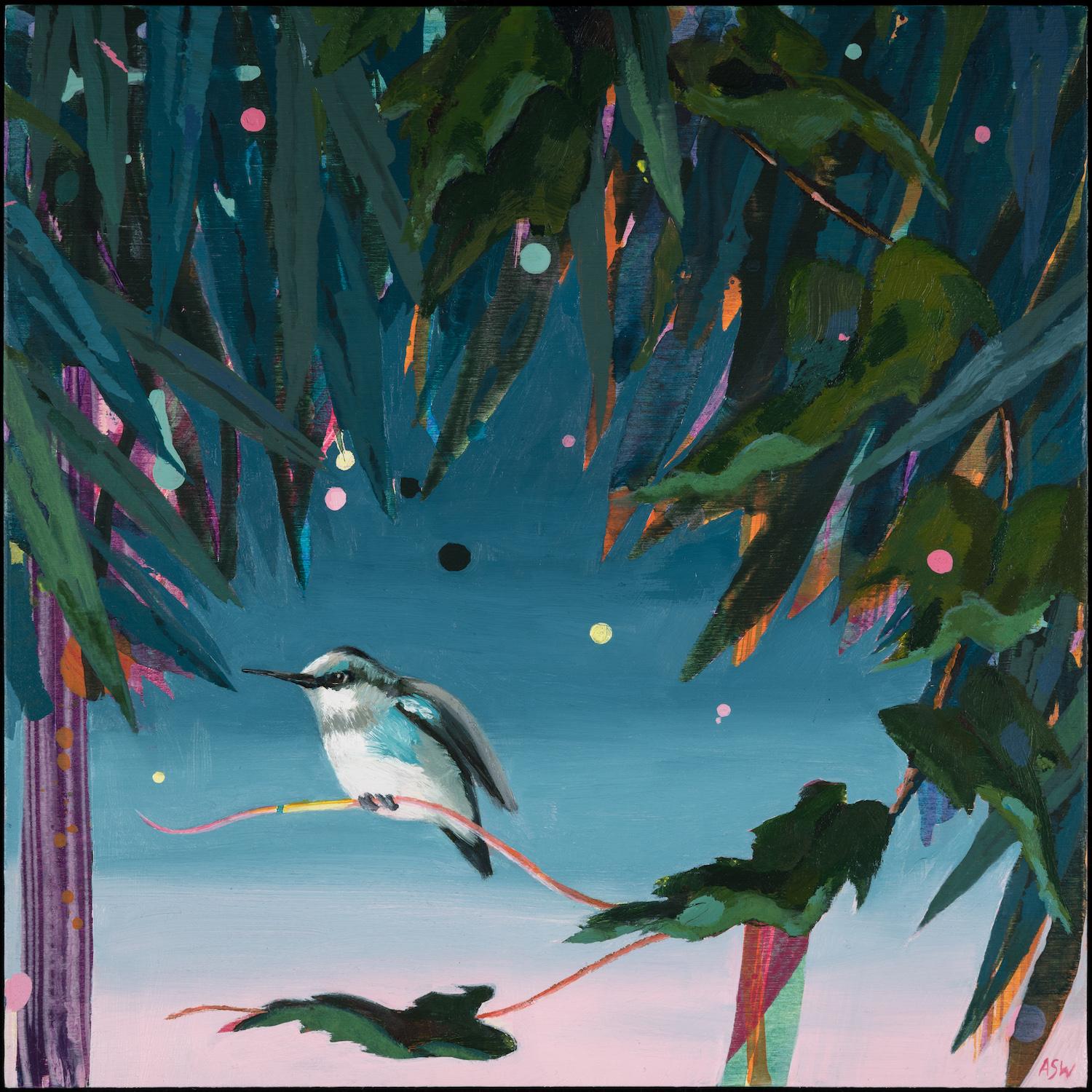 "Celestial Bodies 2", oil, acrylic, painting, hummingbird, blues, greens, purple