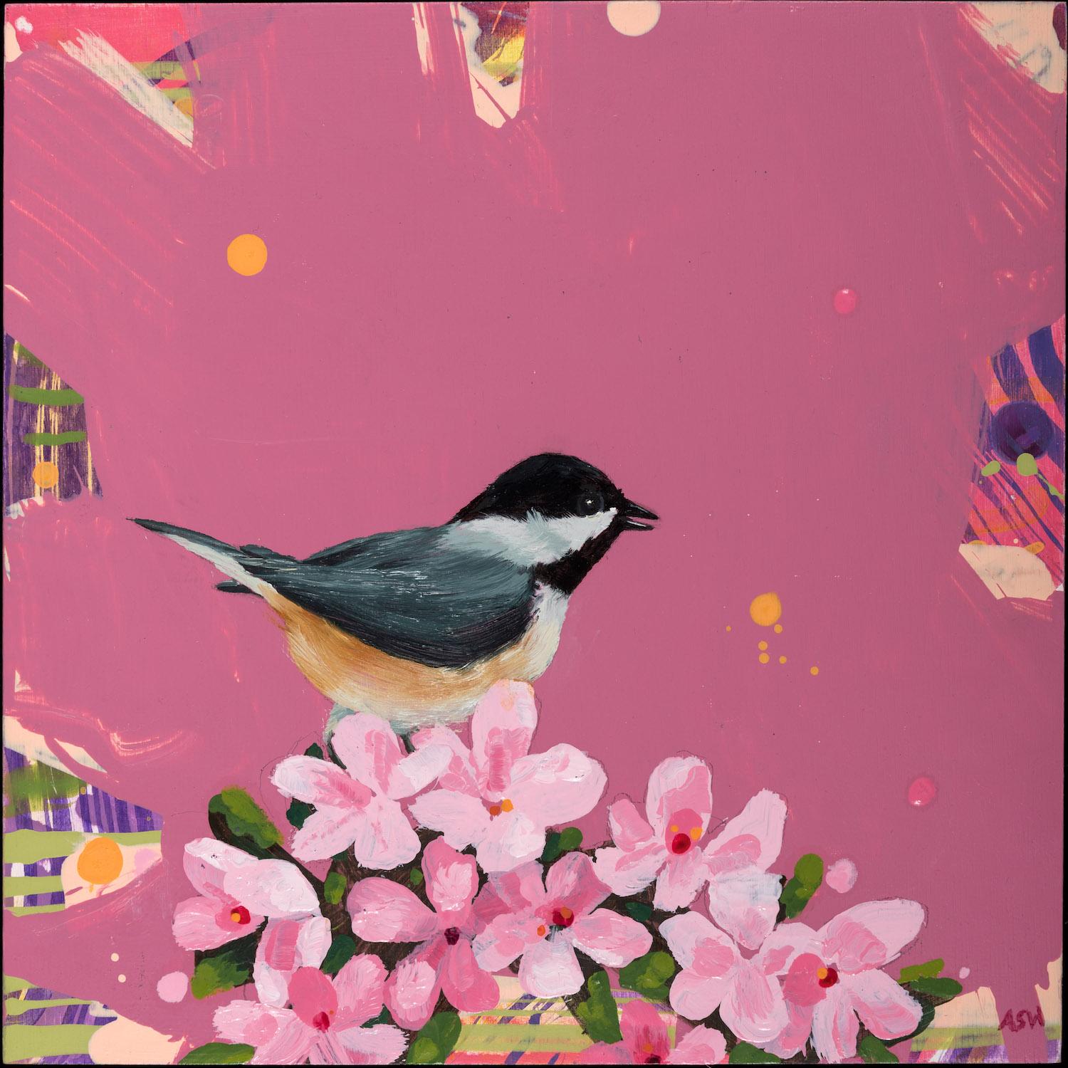 Anne Sargent Walker's Chickadee-dee-dee is a brightly colored 8 x 8 inch painting in Oil and Acrylic on wood panel. It features a Chickadee perched atop pale pink apple blossoms, with a deep pink abstracted background. It is signed in the lower