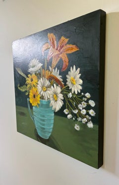 "Daisies", Contemporary, Summer Flowers, Yellow, White, Green, Oil Painting