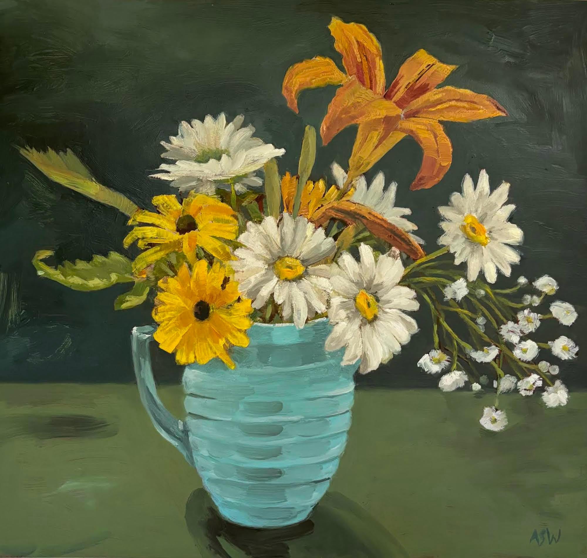 Anne Sargent Walker Still-Life Painting – „Gänseblümchen“, Zeitgenössisch, Sommerblumen, Gelb, Weiß, Grün, Ölgemälde