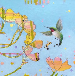 "Dogwood", Anne Sargent Walker, acrylic, oil, painting, hummingbird, blue, peach