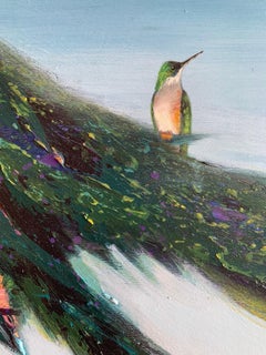 "Evening Flight", oil, acrylic, painting, collage, flowers, hummingbird, blue