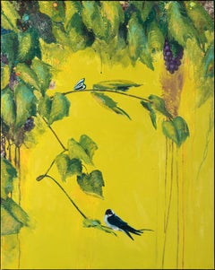 "Flight Stilled", Contemporain, Oiseau, Papillons, Vignes, Jaune, Technique mixte
