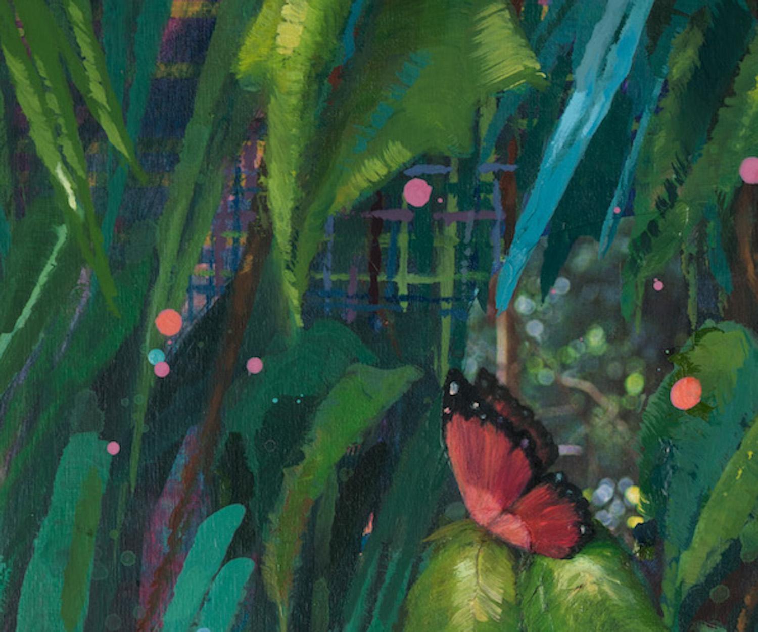 Anne Sargent Walker’s “Flirtation Migration 5” is a 20 x 30 x 1.5 inch framed landscape painting on wood panel. The oil, acrylic and collage work in greens and soft blues with accents in yellow, white and orange depict lush vines, flowers and a pair