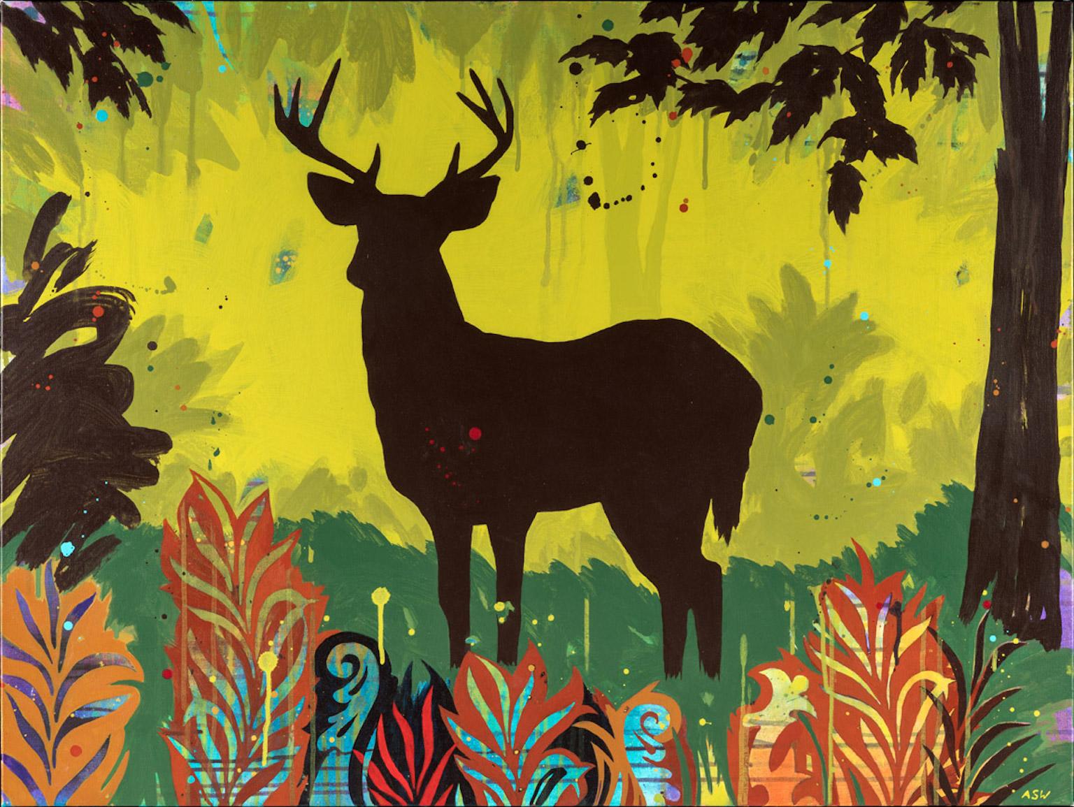 Anne Sargent Walker Animal Painting - "Green Buck", acrylic painting, forest, trees, ferns, red, russet, turquoise