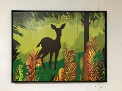 "Green Deer", Contemporary, Trees, Ferns, Yellow, Brown, Acrylic Painting