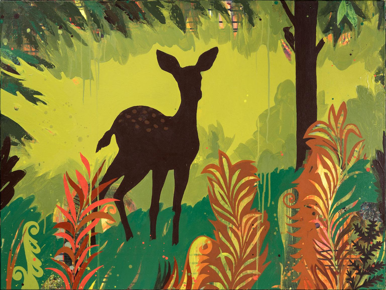 Anne Sargent Walker Animal Painting - "Green Deer", contemporary, trees, ferns, yellow, brown, acrylic painting