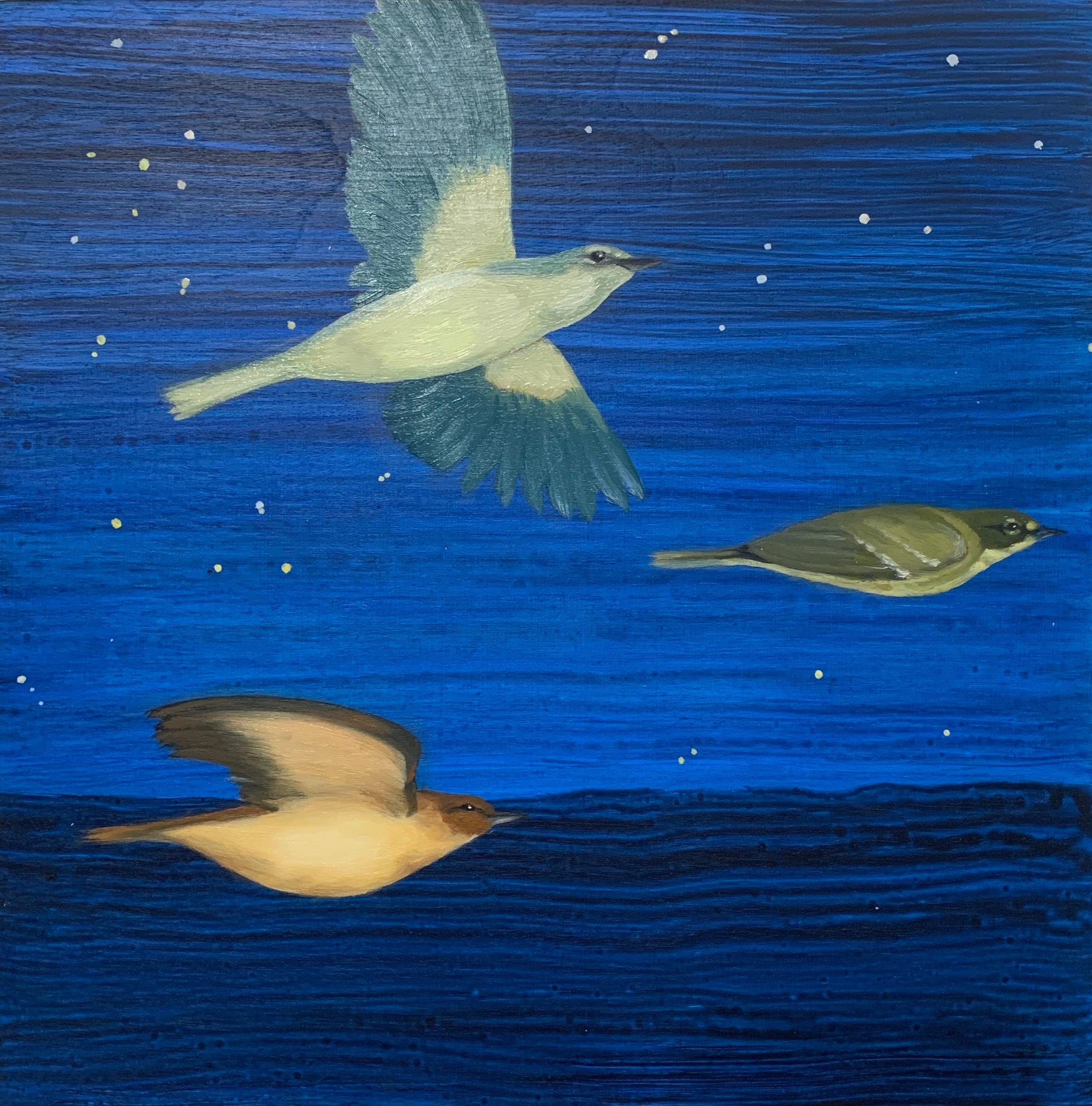 "In It Together", Zeitgenössisch, Vogel, Blau, Nachthimmel, Gemischte Medien – Painting von Anne Sargent Walker