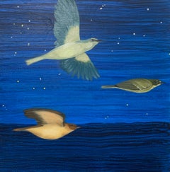 "In It Together", Contemporary, Bird, Blue, Night Sky, Mixed Media