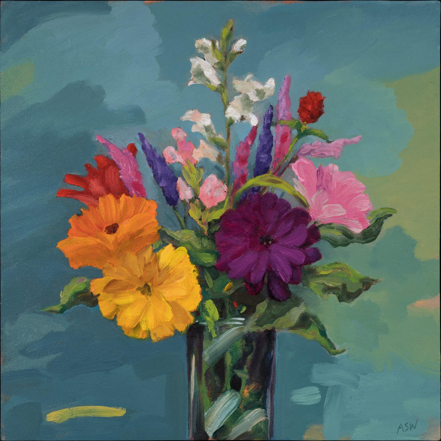 Anne Sargent Walker's "Last of the Summer Flowers" is one of a series of alla prima still lifes of flowers. It is freshly painted in lush shades of pinks, lavender, whites and orange, against a soft background of blues with passages of green and