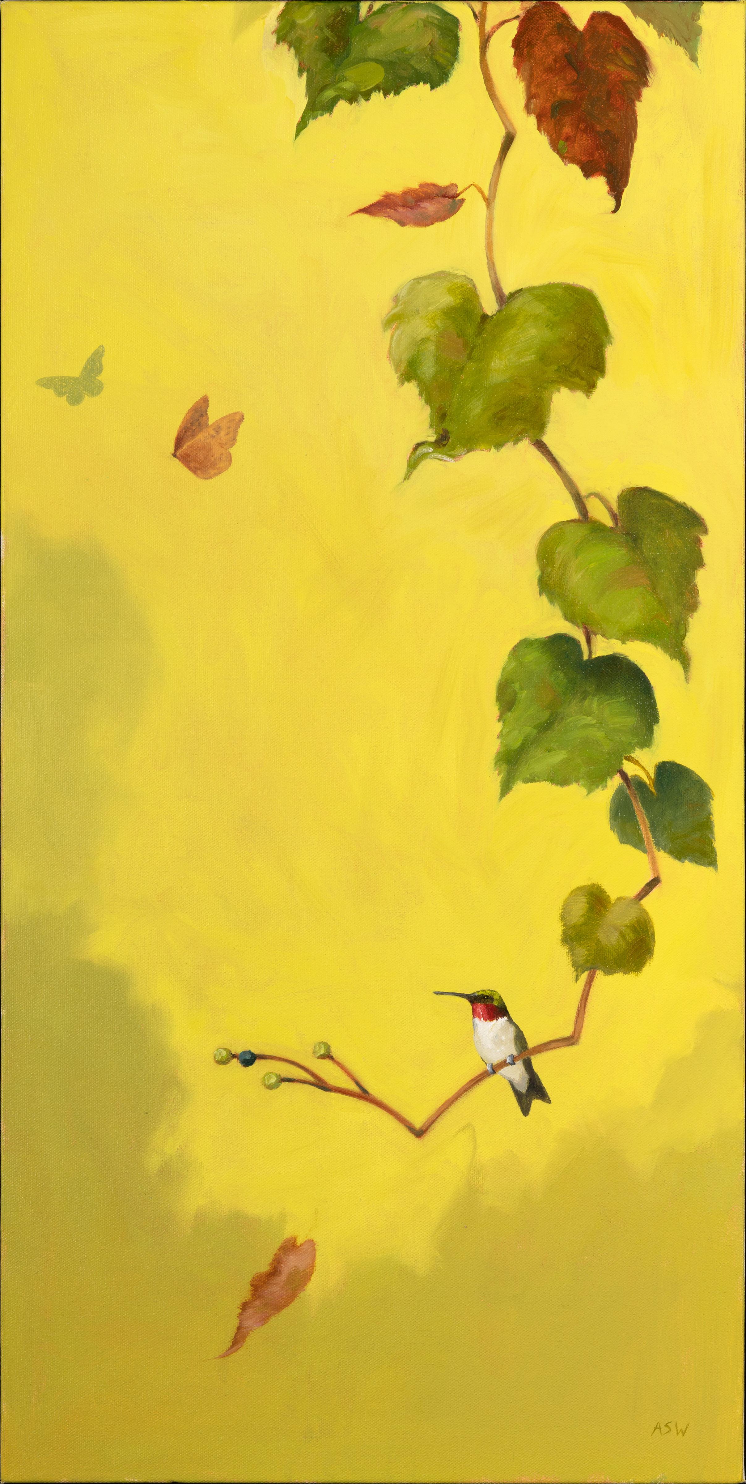 Anne Sargent Walker Animal Painting - "Late Fall", contemporary, bird, autumn, vine, sky, yellow, green, oil painting