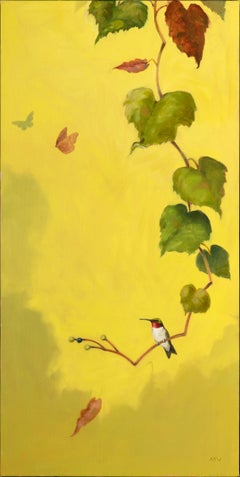 "Late Fall", contemporary, bird, autumn, vine, sky, yellow, green, oil painting